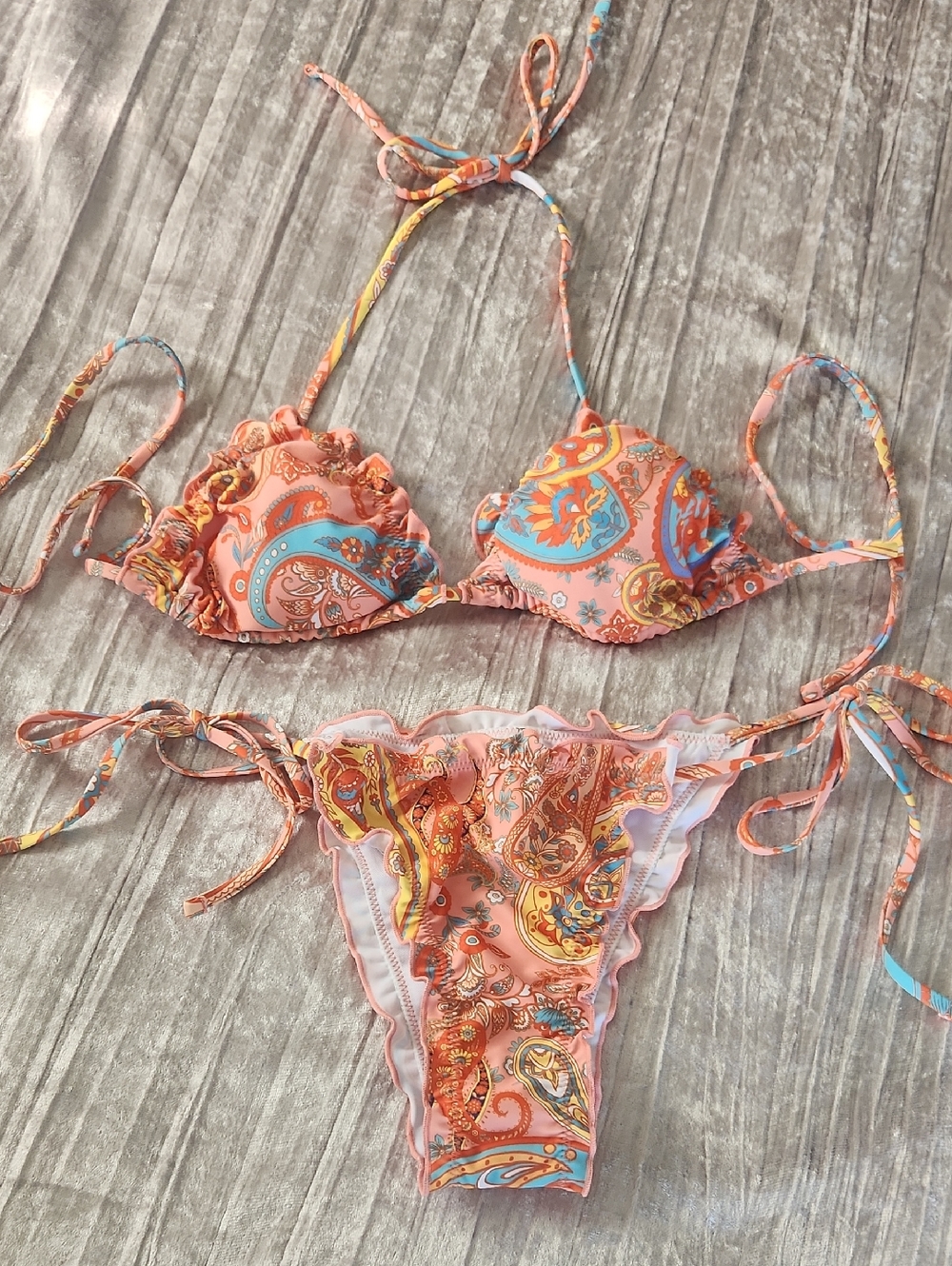 SHEIN Peach Paisley Print Ruffle Triangle Bikini